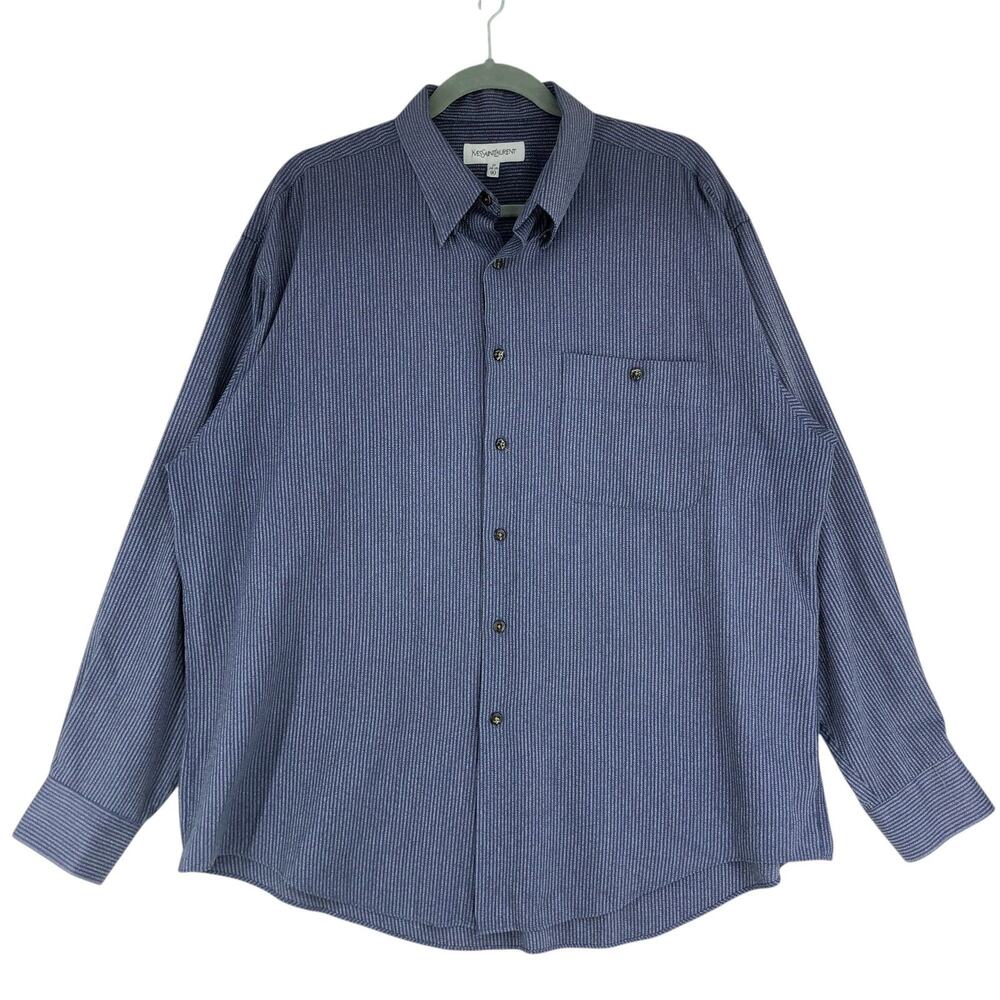 Yves Saint Laurent Shirt Mens XL 17 34-35 Navy Vertical Stripe Long Sleeve